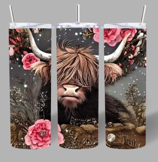 Highland Cow With Pink Flowers Tumbler