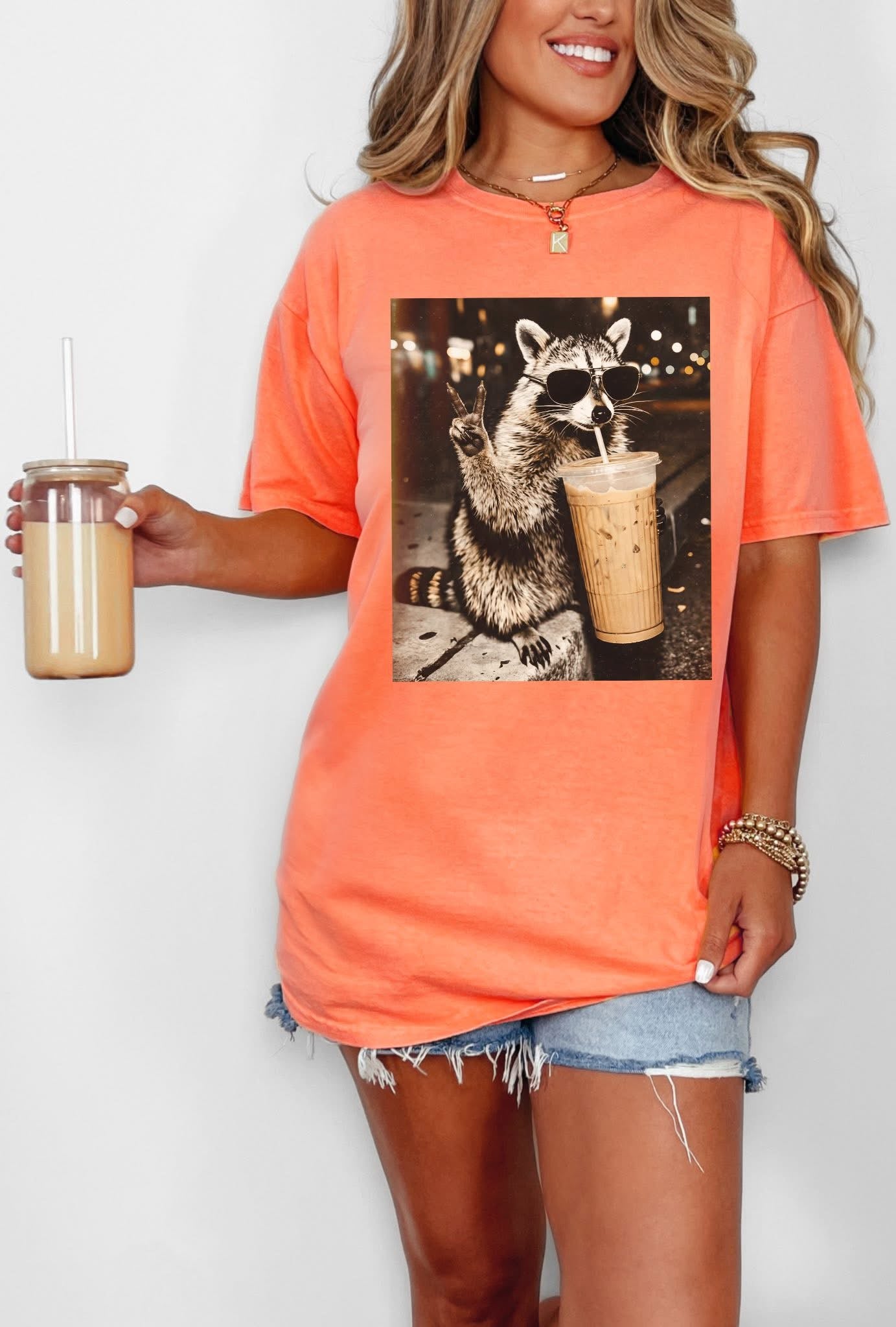 Raccoon With Iced Coffee T-shirt