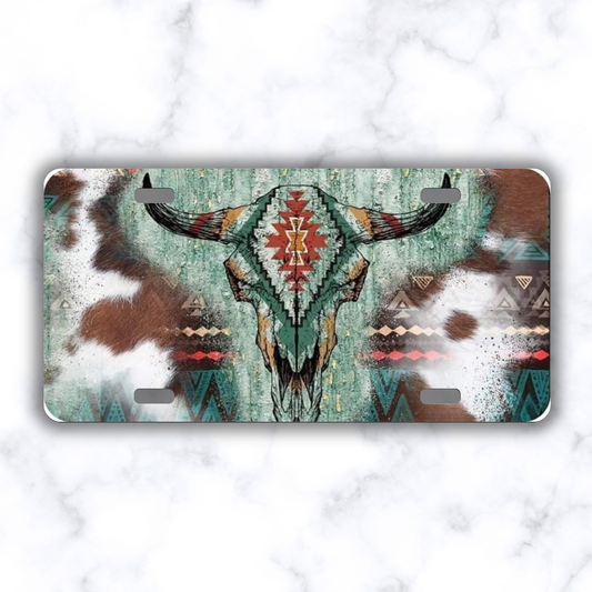 Western Cow Skull Aztec License Plate