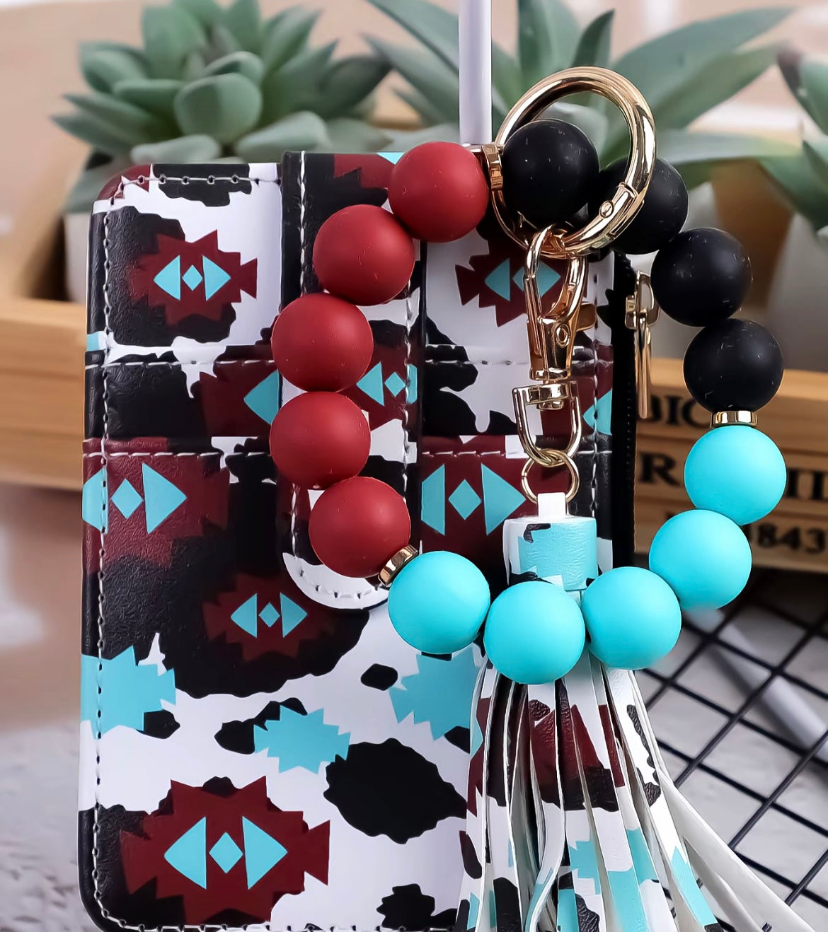 Aztec Cow Print Wristlet Keychain & Card Wallet Set
