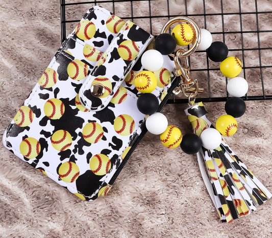Softball & Dalmatian Print Wristlet Keychain & Card Wallet Set