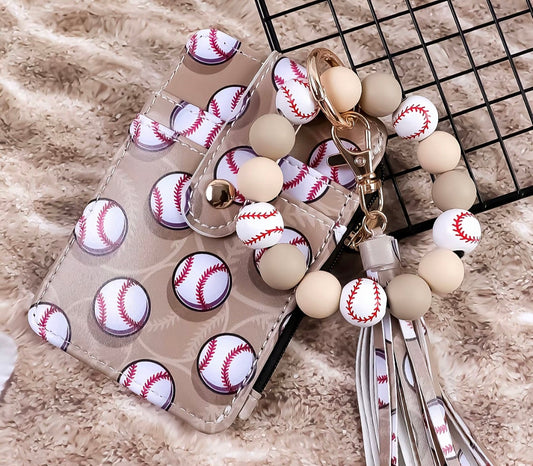Baseball Tan Wristlet Keychain & Card Wallet Set