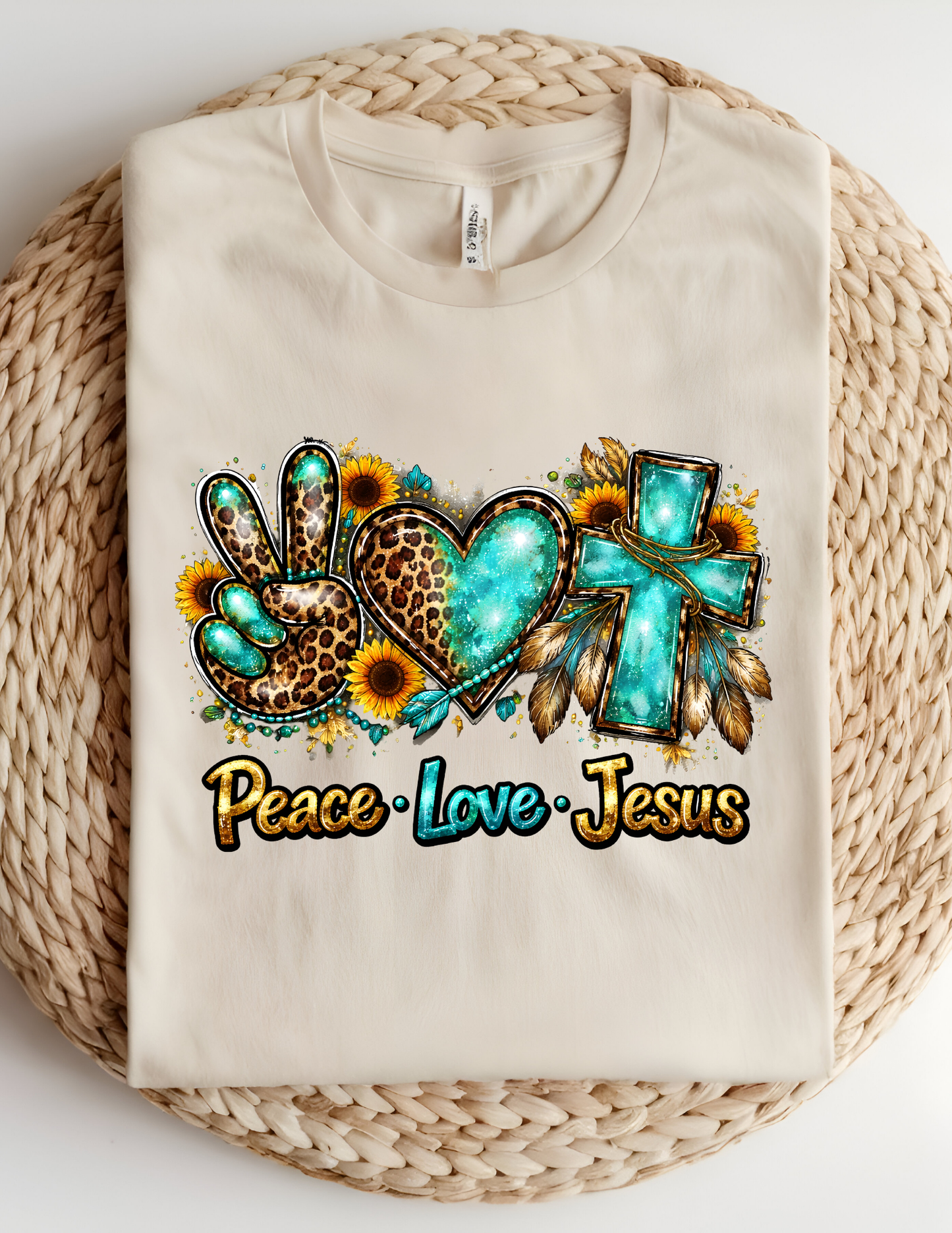 Peace Love Jesus Leopard & Turquoise Faith Tee