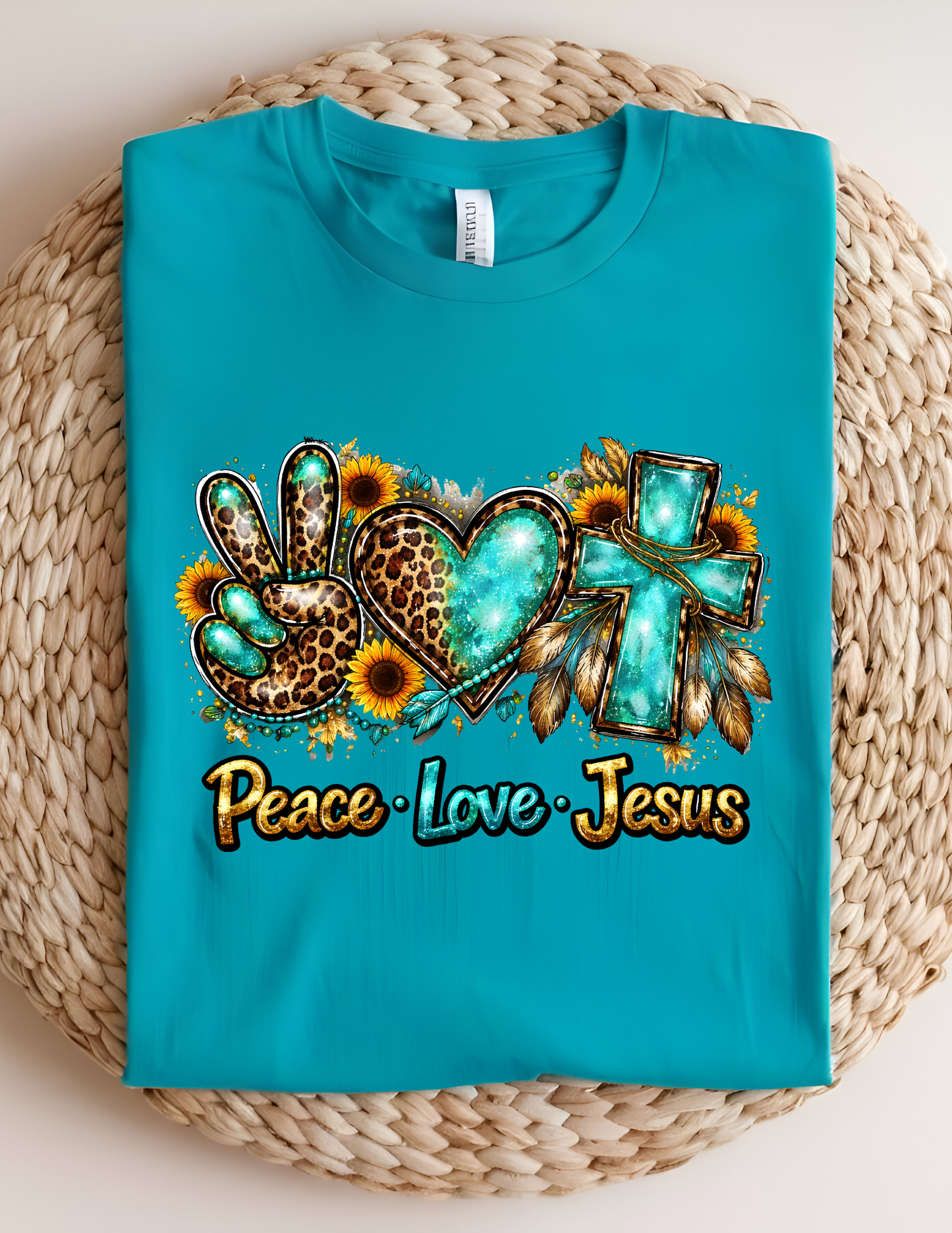 Peace Love Jesus Leopard & Turquoise Faith Tee