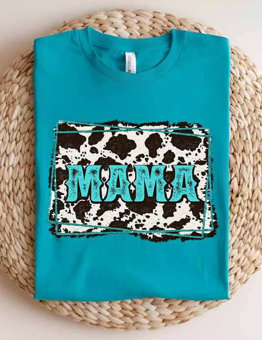 Turquoise Cow Print Mama Tee