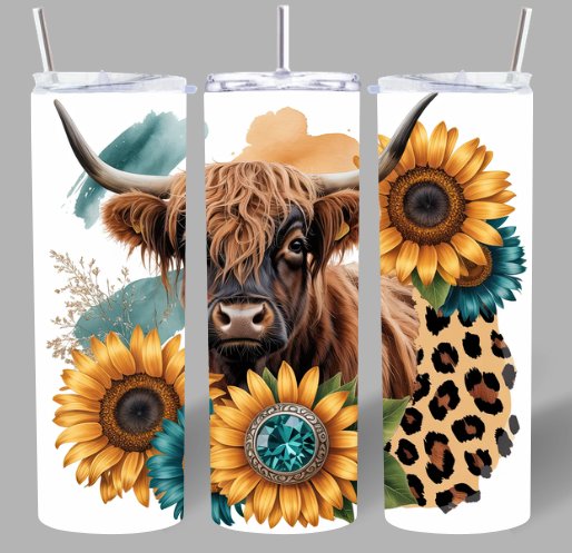 Western Highland Cow Sunflower Tumbler – 20oz